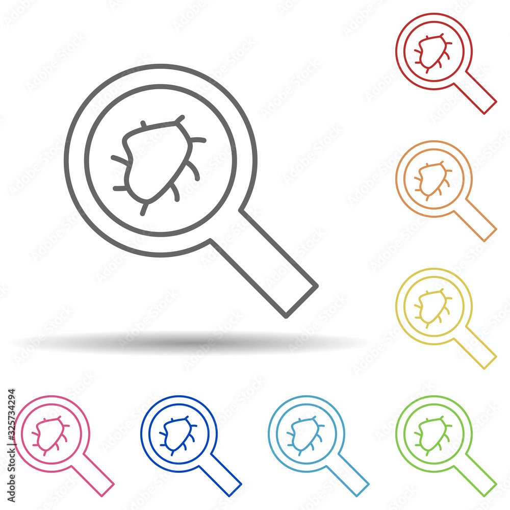 Poster a microbe under a magnifying glass in multi color style icon. simple thin line, outline vector of vi