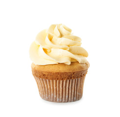 Delicious birthday cupcake decorated with cream on white background