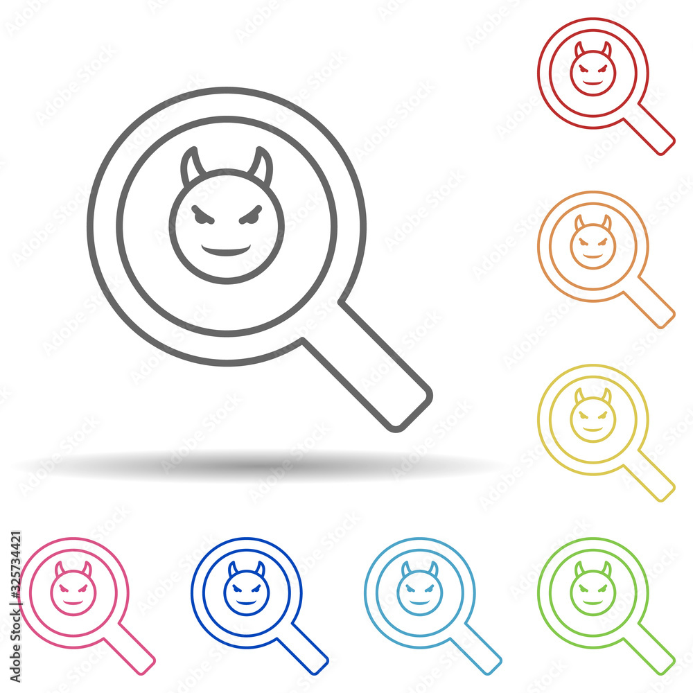 Poster the devil in a magnifying glass in multi color style icon. simple thin line, outline vector of virus