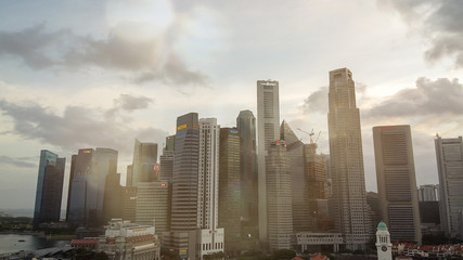 Fototapeta na wymiar SINGAPORE - JANUARY 4, 2020: Aerial view of city skyline and Marina Bay area from city park