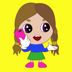 emoji with chibi girl that is talking on the modern smartphone or mobile phone, simple colored emoticon, vector illustration