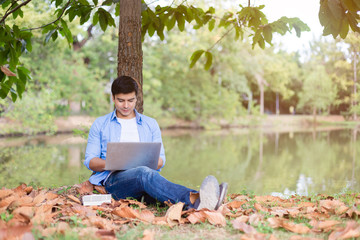 Naklejka na ściany i meble handsome man working with laptop sitting under tree in garden.
