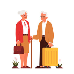 Vector illustration of elderly tourist with laggage and handbag.