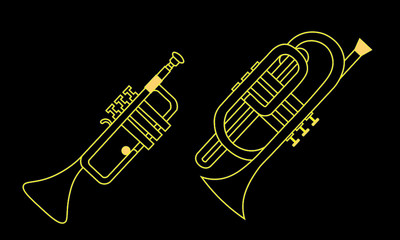 Yellow outline trumpet and cornet in simple contour illustration on a black background