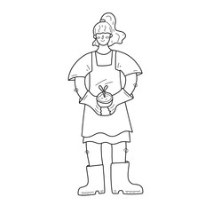 Woman gardening, plant lady holding a small plant in pot. Cute female character with potted houseplant working in garden. Simple doodle cartoon illustration, isolated vector clipart.