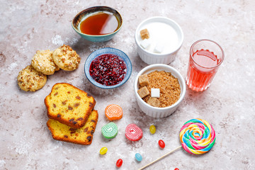 Assortment of simple carbohydrates food on light background,top view