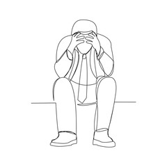 Continuous line drawing of businessman in depression. Vector illustration