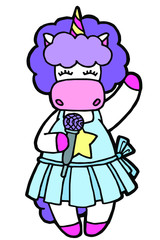 Vector illustration. Hand drawing. Cartoon singer unicorn. Curly purple mane. Star. Isolated on white. Cute character. The original print.