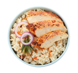 Delicious risotto with chicken isolated on white, top view