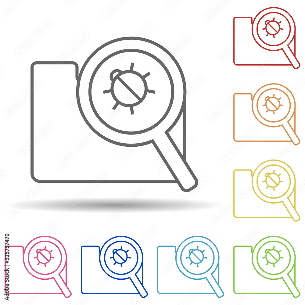Poster beetle under the folder magnifier in multi color style icon. simple thin line, outline vector of vir