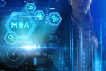 Business, Technology, Internet and network concept. Young businessman working on a virtual screen of the future and sees the inscription: MBA