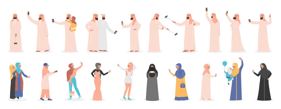 Muslim people taking selfie together set. Arabic characters