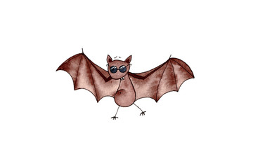 Watercolor illustration of a funny brown bat with big wings and black sunglasses