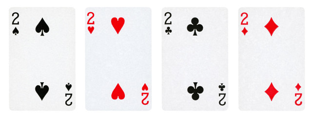 Four Playing Cards Isolated on White Background, Showing Two from Each Suit - Hearts, Clubs, Spades...