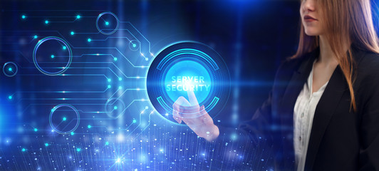 Business, Technology, Internet and network concept. Young businessman working on a virtual screen of the future and sees the inscription: Server security