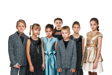 fashion kids group. studio shooting of children and clothes. isolate. white background