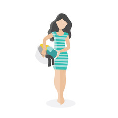 Young brunette with dirty underwear. A woman is holding a basket of clothes.Housewife washes.Cleaning,household chores, fatigue.Flat vector isolated illustration on a white background