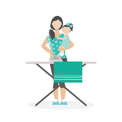 Fototapeta premium Young brunette woman holding baby and Ironing. Home care, motherhood, life. Iron, Ironing Board.Mother and daughter.Flat vector illustration isolated on white background
