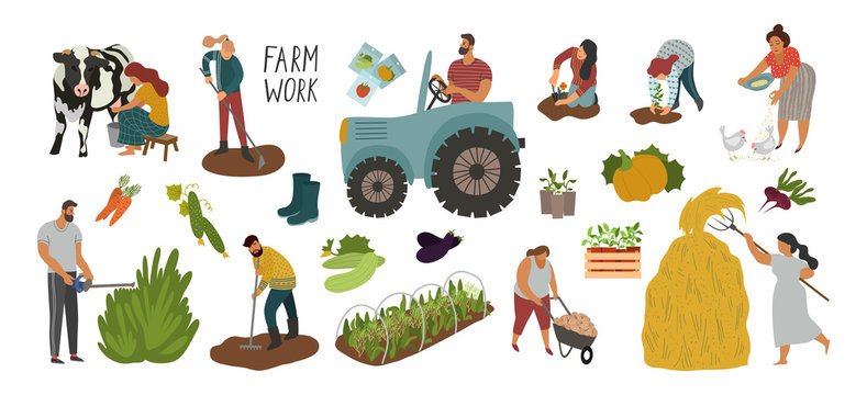 Vector set of different elements and people working in the garden and on the farm.