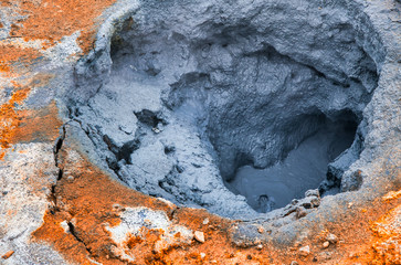 Hverir Boiling mudpots geothermal area and cracked ground around. Myvatn region, Northern part of Iceland, Europe