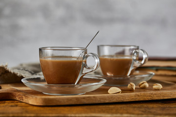Hot coffee in a glass coffee cup