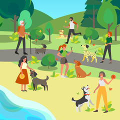 People walking and playing with their dogs in the park. Happy