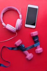 top view of dumbbell , smart phone and headphone 