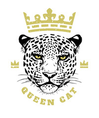 Queen cat. The crown and face of a leopard T-shirt print design. Vector illustration.