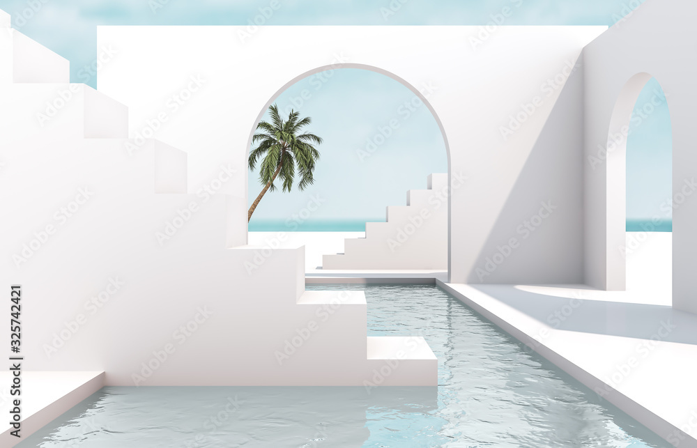 Poster scene with geometrical forms, arch with a podium in natural day light. minimal landscape background.