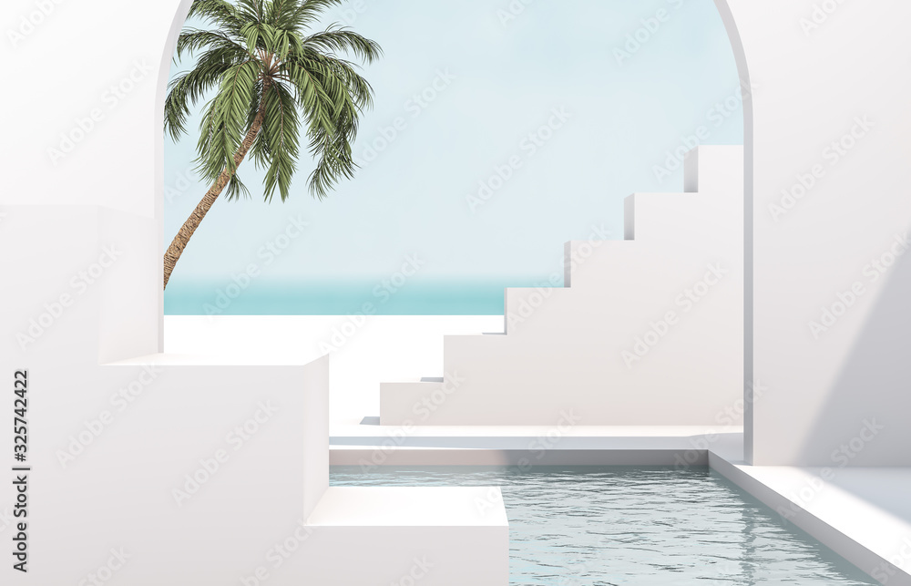 Poster scene with geometrical forms, arch with a podium in natural day light. minimal landscape background.