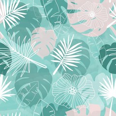 Seamless pattern with bright colored  tropical leaves and flowers