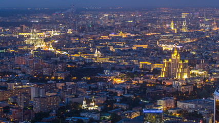Aerial top view of Moscow night timelapse after sunset. Form from the observation platform of the business center of Moscow City.