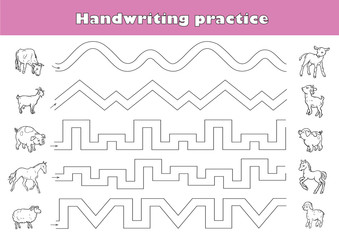 Handwriting practice sheet. Educational children game, printable worksheet for kids. Writing training printable worksheet
