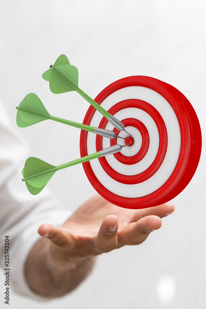 Aufkleber  makes a dart throw on the target. The concept of persistence in business..