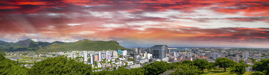 Panoramic aerial view of Port Louis skyline in Mauritius at dusk