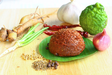 Thai red curry paste and many fresh ingredients. This is home made curry paste.