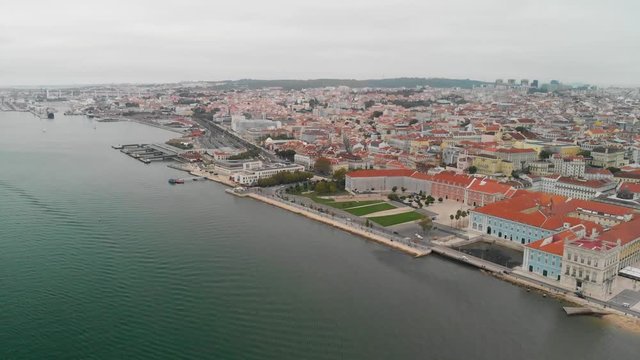 Lisbon, Portugal. Panoramic aerial view of Commerce Square and city skyline from the Tago River