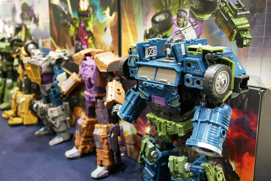 KUALA LUMPUR, MALAYSIA -OCTOBER 5, 2019:  Fictional character Transformers toy action figure from cartoon developed by Hasbro. Protagonist Autobots and antagonist Decepticons. Display for the public. 