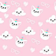 Cat unicorn and clouds on a pink background seamless pattern for children