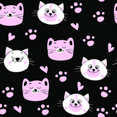 Cute head of white and pink cats in kawaii style on a black background seamless pattern for children