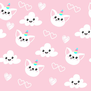 Cat unicorn and clouds on a pink background seamless pattern for children