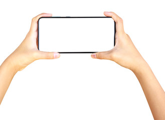 Two hands of child presenting smartphone with blank screen isolated on white background. Clipping path