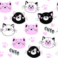 Obraz premium Cute head of white, black and pink cats in kawaii style on a white background seamless pattern for children