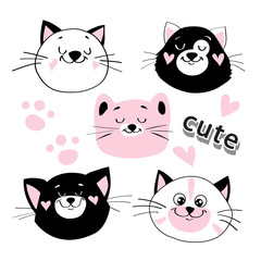 Obraz premium Cute head of white, black and pink cats in kawaii style on a white background for children