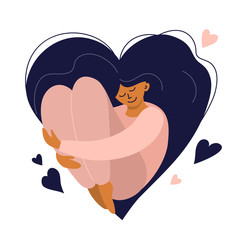 Cute girl with heart shaped long hair. Self care, love yourself icon or body positive concept. Happy woman hugs her knees. Illustration of International Women's day. Vector postcard, valentines card. - obrazy, fototapety, plakaty