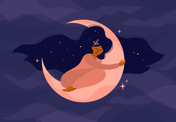 Cute girl with long hair sleeps on the moon. Romantic dreams with night sky and stars. Vector illustration of woman hugs the crescent moon. Modern witch concept. Design for tarot card cover, postcard. - obrazy, fototapety, plakaty