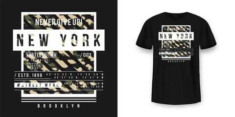 T-shirt design in military army style with camouflage texture. New York City typography with slogan for shirt print. Black t-shirt mockup with graphic print