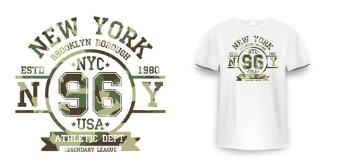 T-shirt design in military army style with camouflage texture. New York City typography with slogan for shirt print. White t-shirt mockup with graphic print