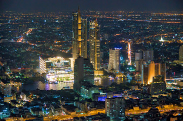 Aerial view of Bangkok Downtown Skyline at night, Thailand