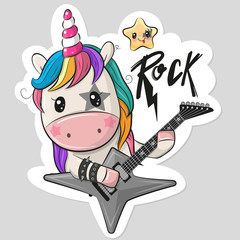 Cartoon rock unicorn with a guitar on a white background © reginast777